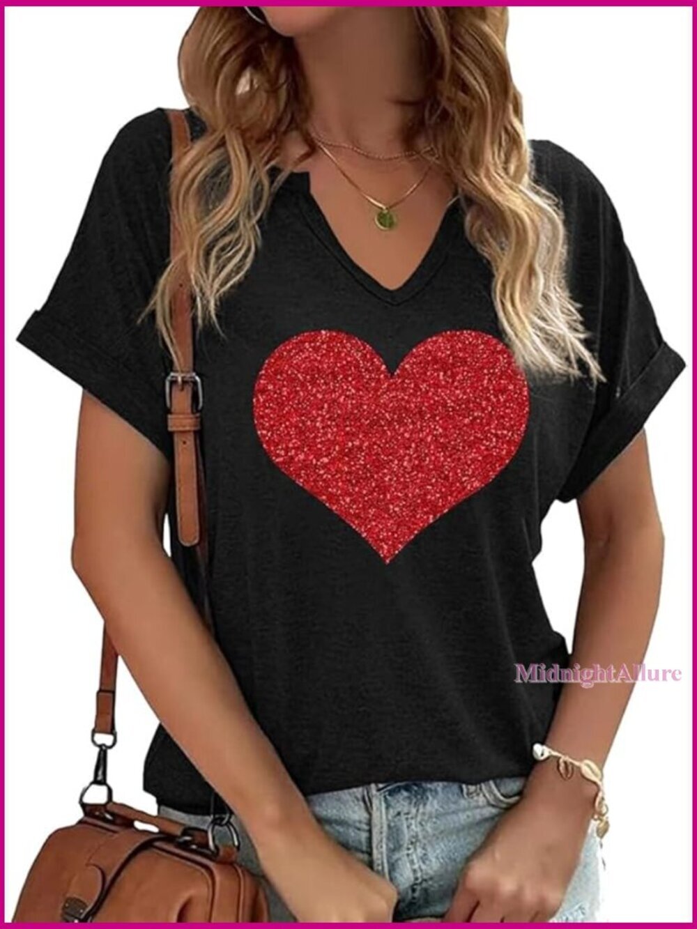 Women's V Neck Heart Graphic Tee Casual Short Sleeve T-Shirt Top